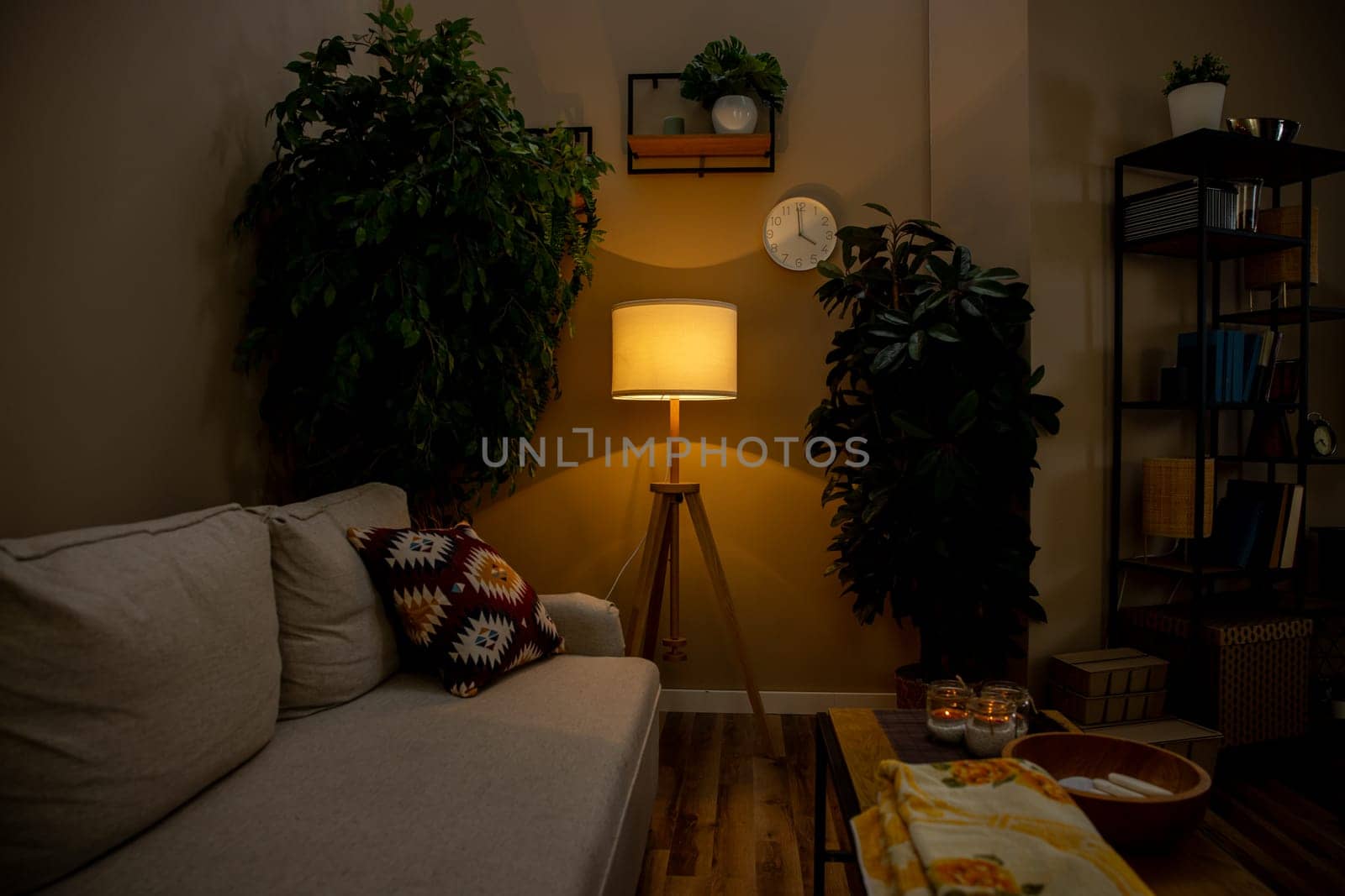 A tranquil and serene living room that showcases a soft and inviting couch, ambient lighting, and vibrant lush greenery