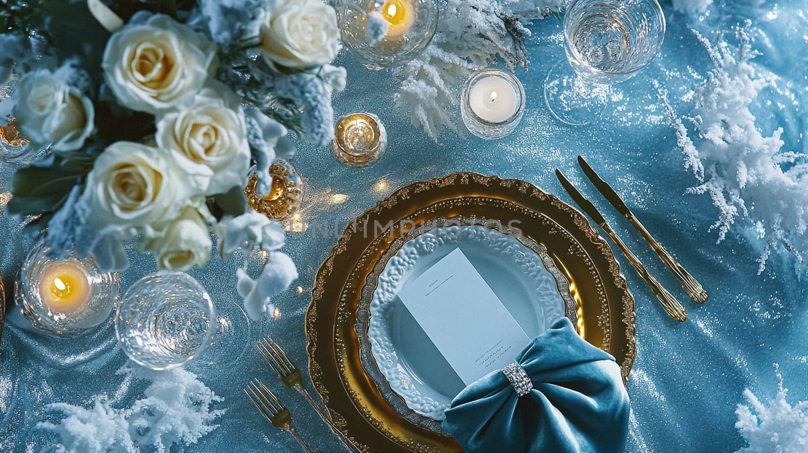 Grand magical winter wedding reception adorned with luxurious decorfation and illumination, creating an enchanting and romantic setting