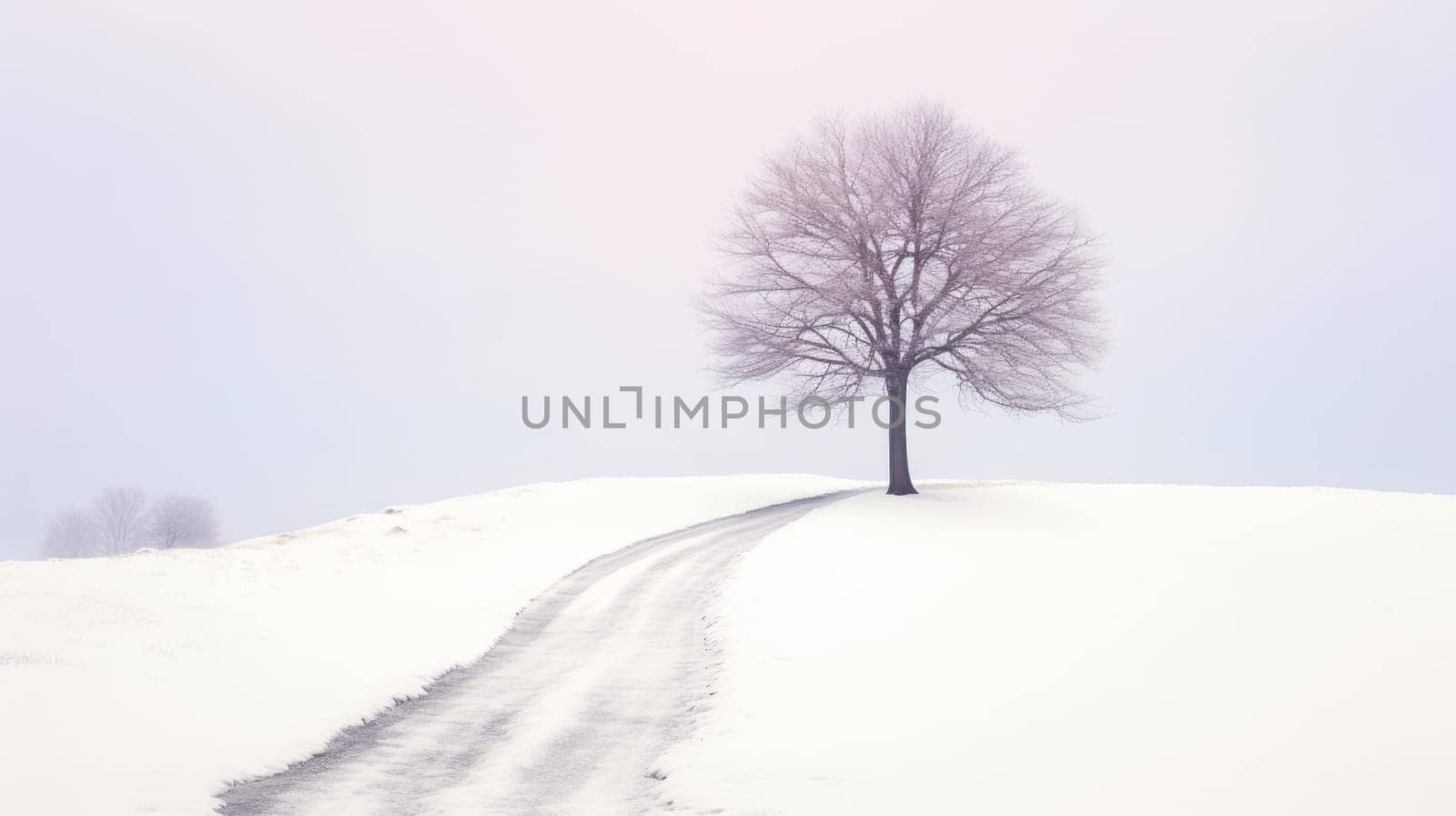 Lone lonely tree in winter snow and lake solitude, minimalist. Generative AI weber. by biancoblue