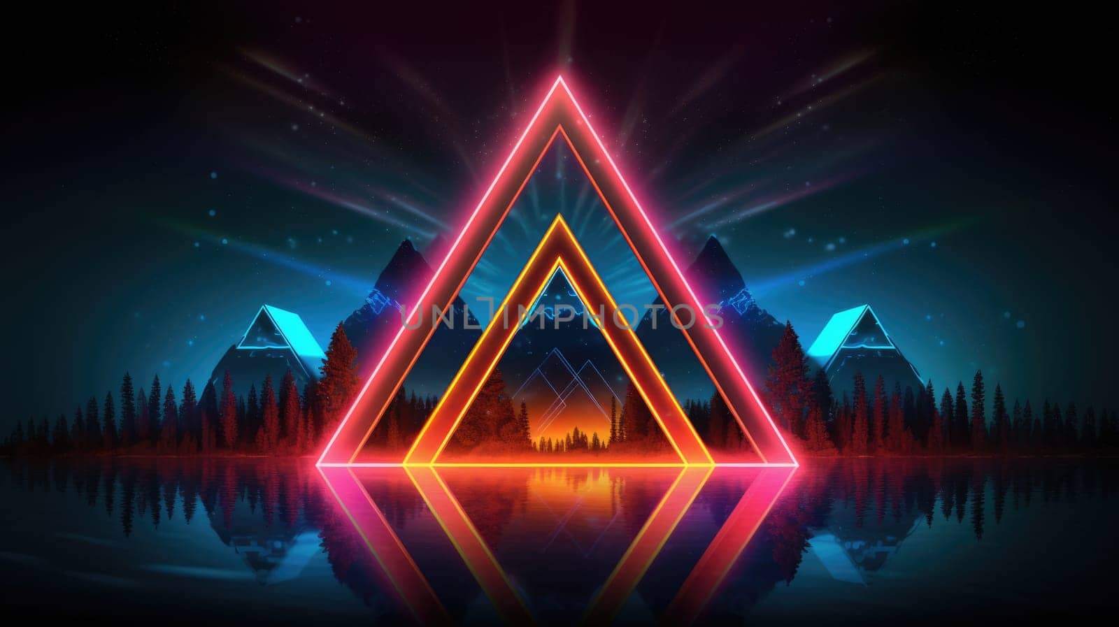 Glowing neon triangle frame over abstract landscape. Generative AI weber. by biancoblue