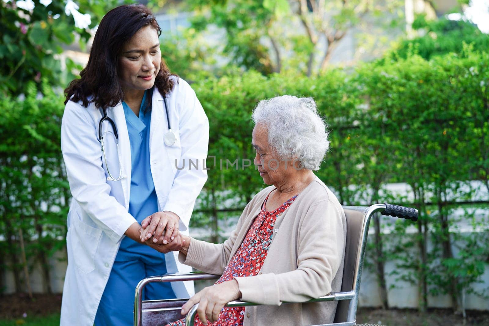 Doctor help Asian elderly woman disability patient sitting on wheelchair in park, medical concept.