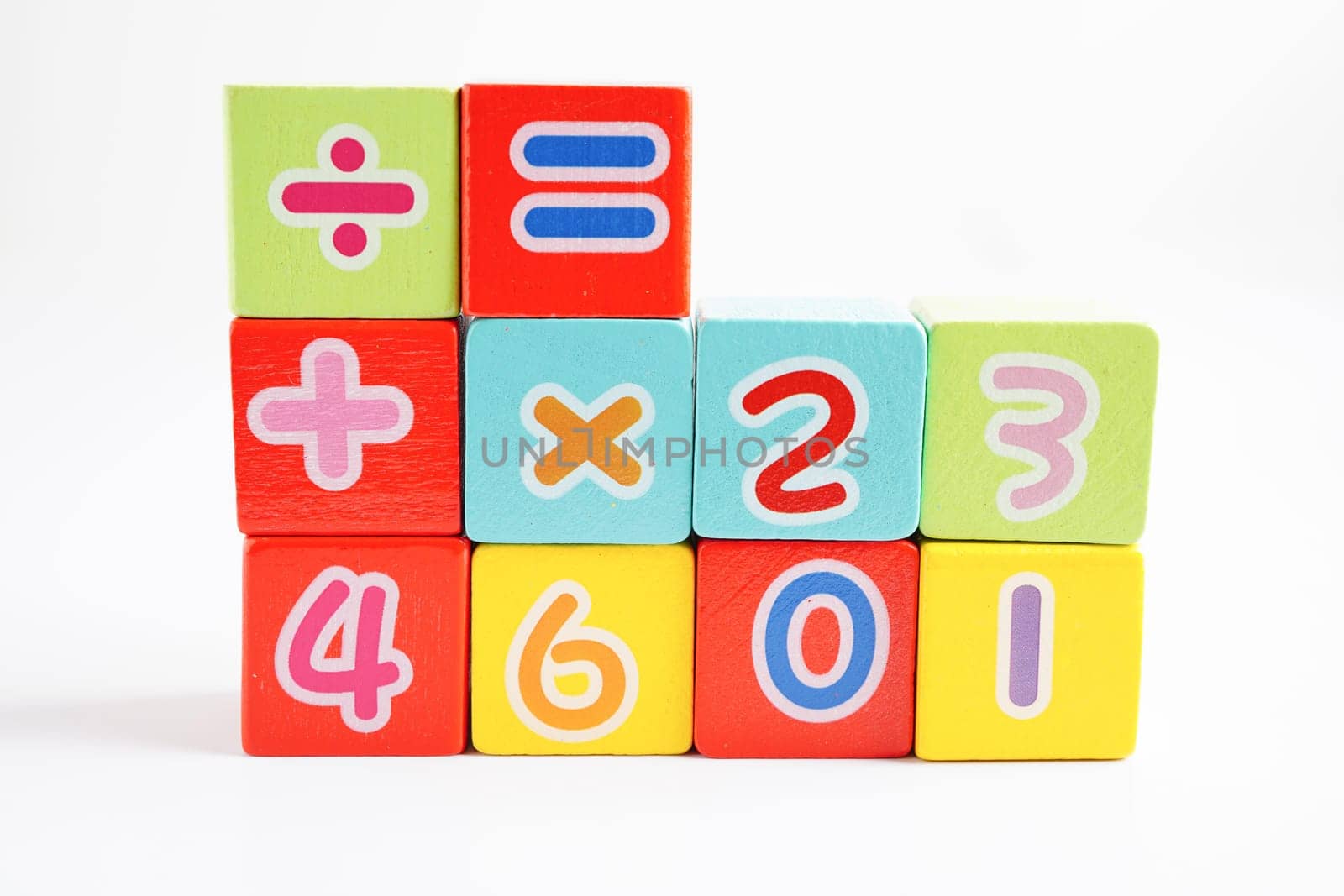 Number wood block cubes for learning Mathematic, education math concept.