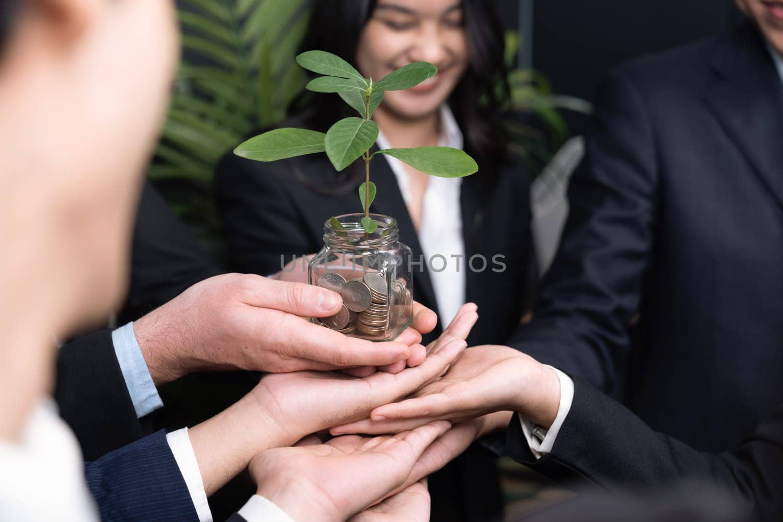 Business people holding money savings jar together in synergy filled with coin and growing plant for sustainable financial for retirement or eco subsidy investment for environment protection. Quaint