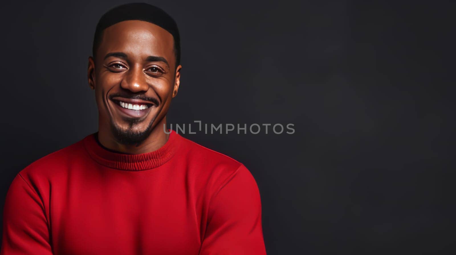 Strong black smiling African man in a red sweater on a dark background on the day of the Black Friday sale