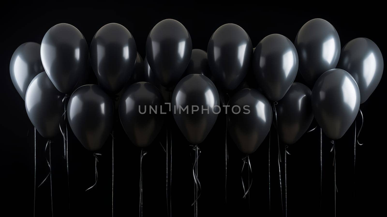 Black balloons on dark background on the day of sales black Friday.