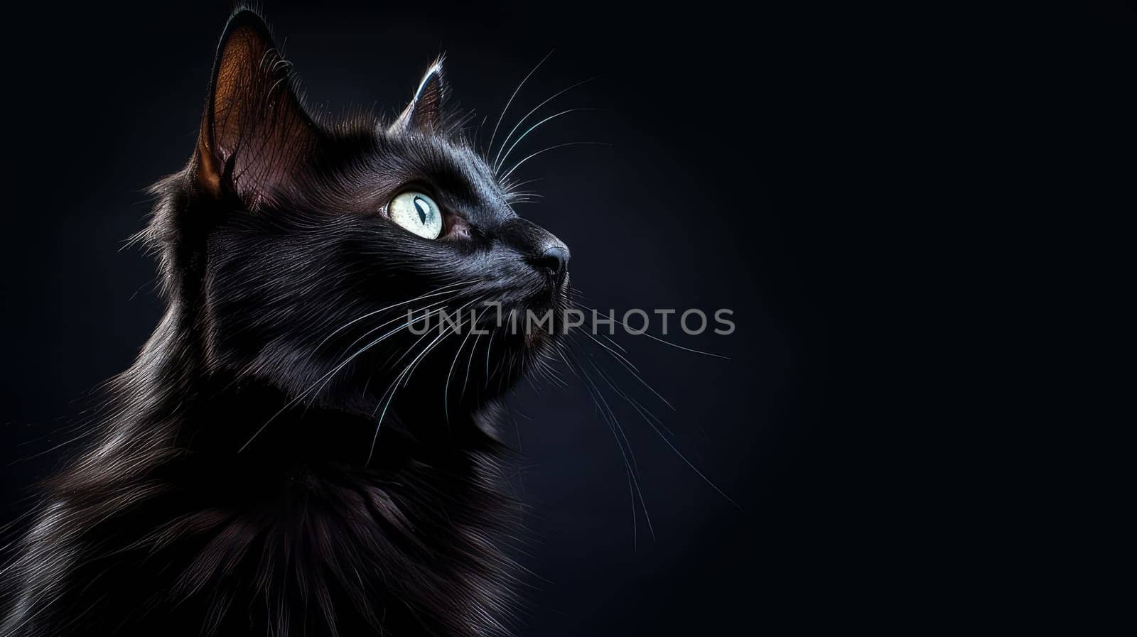 Black beautiful cute cat on a dark background on the day of Black Friday.