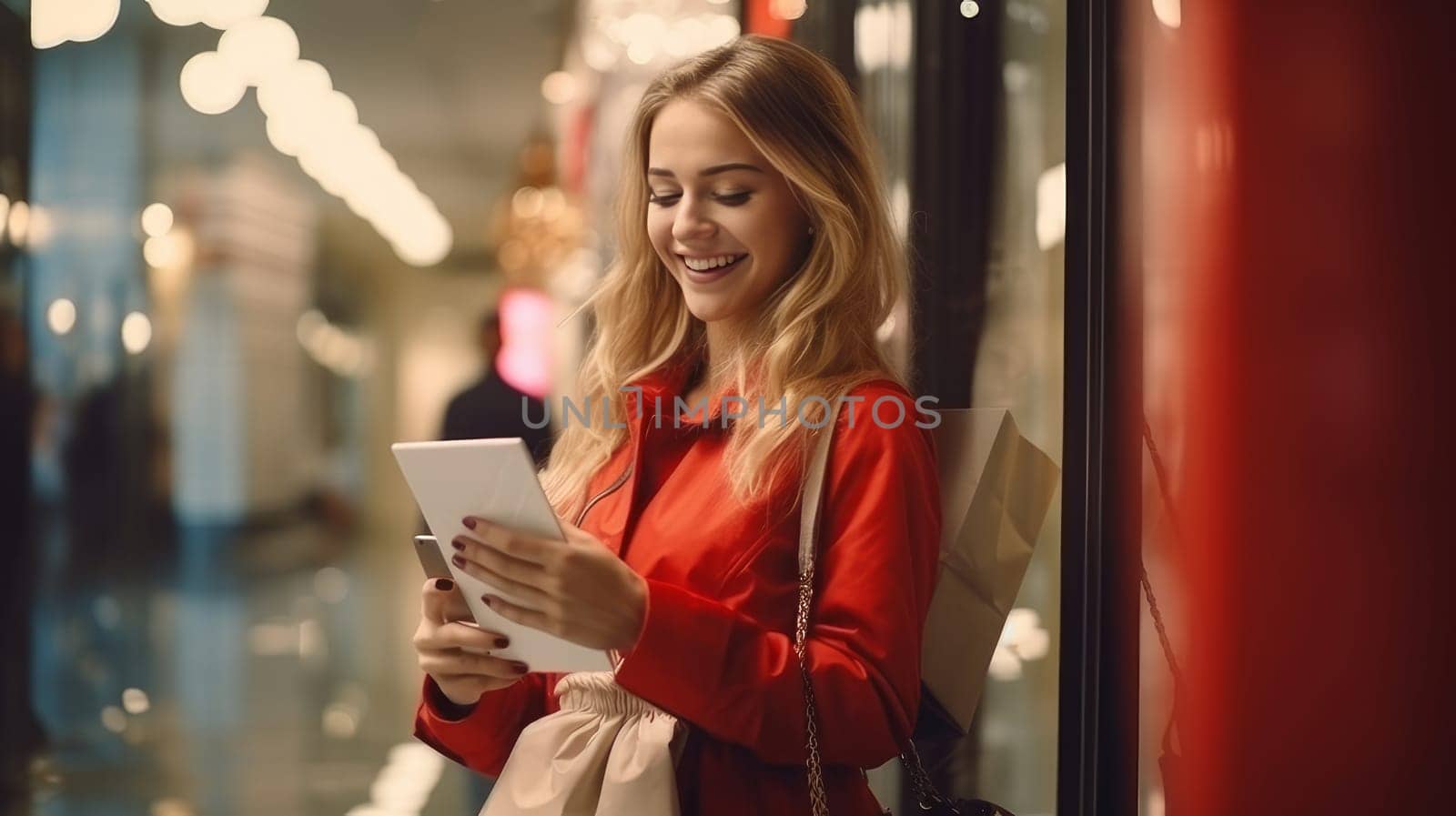 A happy and cheerful girl pays in a shopping center, with a mobile phone, through an application on the day of the Black Friday sale