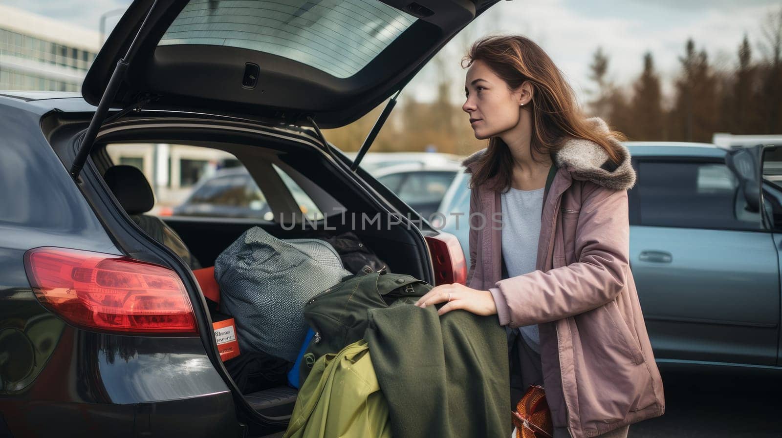 A black woman places, a large amount of shopping in the trunk of her car in a shopping center parking lot on Black Friday sales day