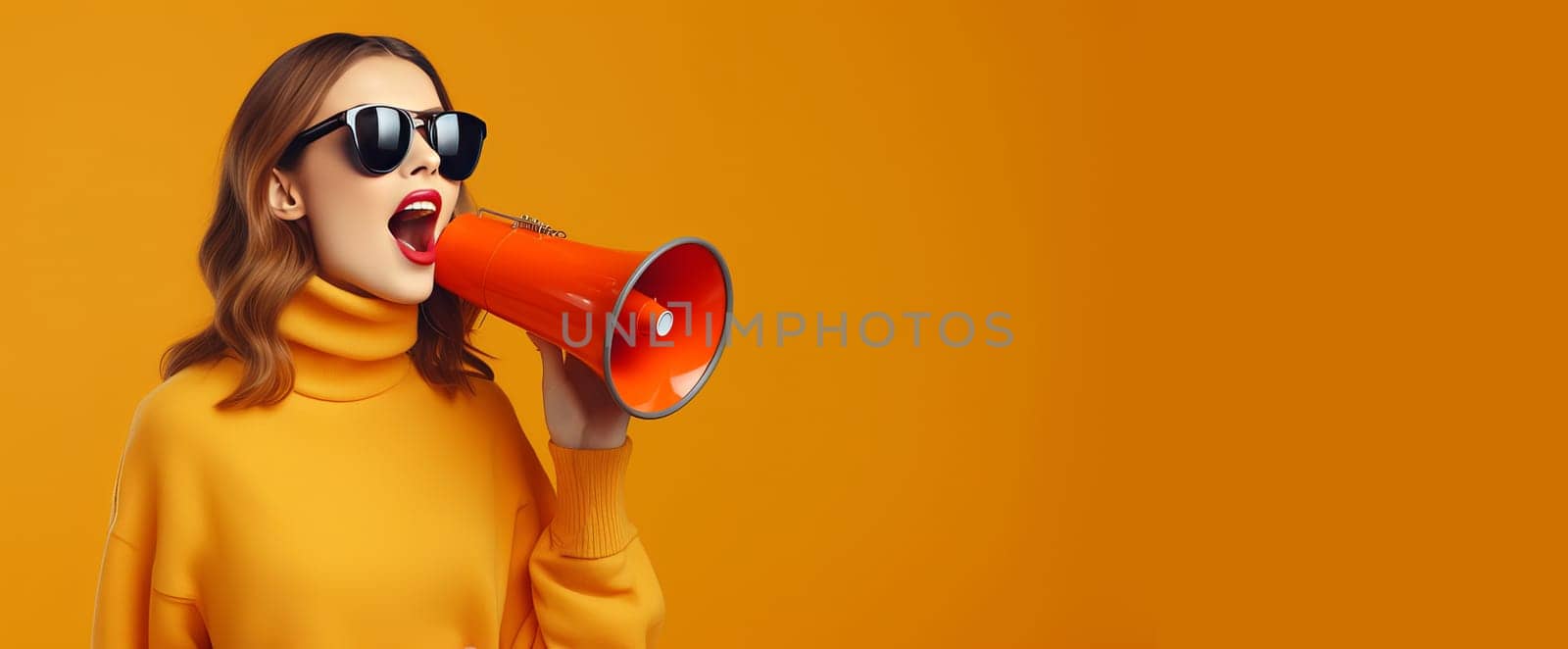 A girl on a plain yellow background shouts loudly into a bullhorn and announces the start of Black Friday Sale Day. Banner