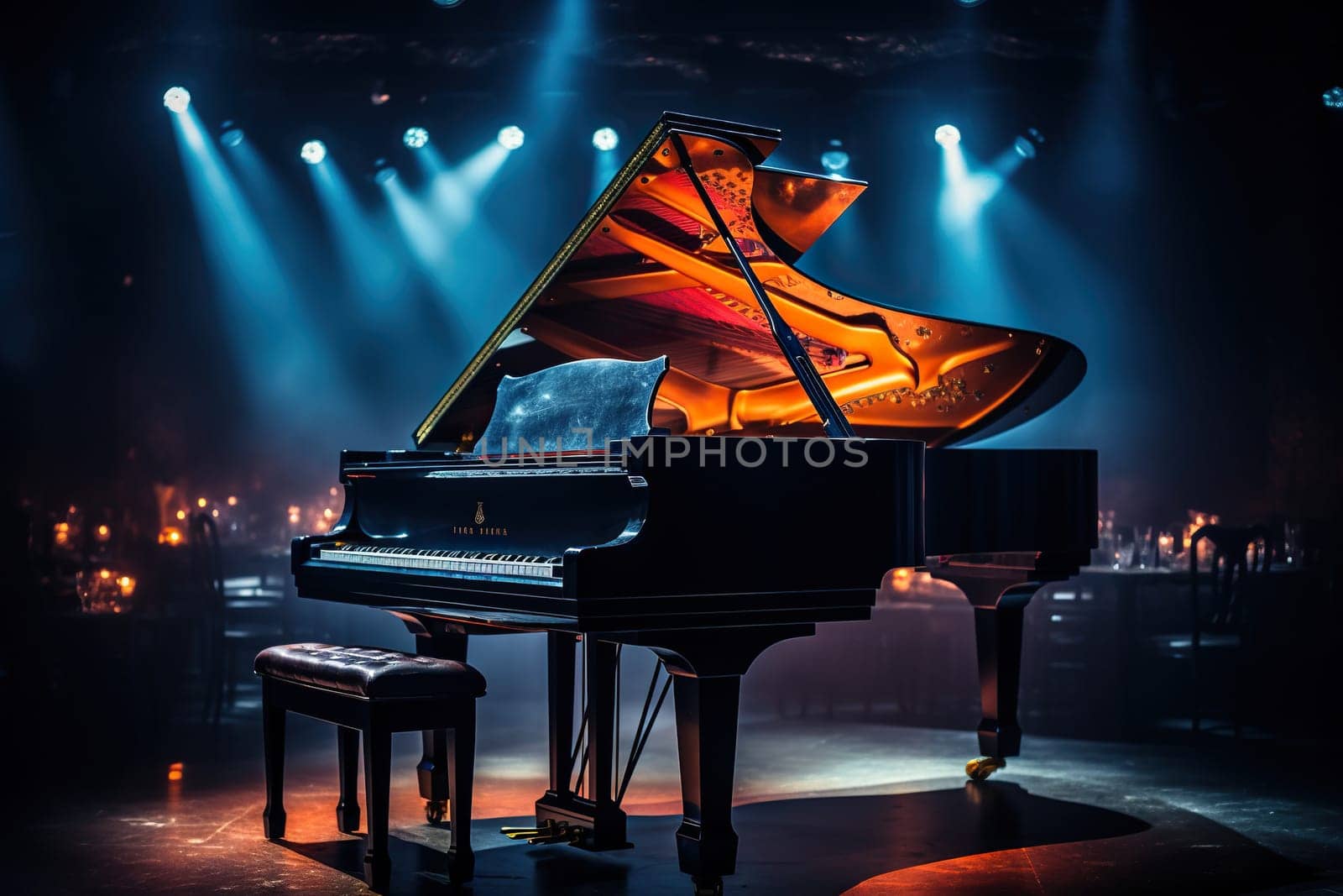 The piano is in the center of the stage. Musical performance. Generated by artificial intelligence