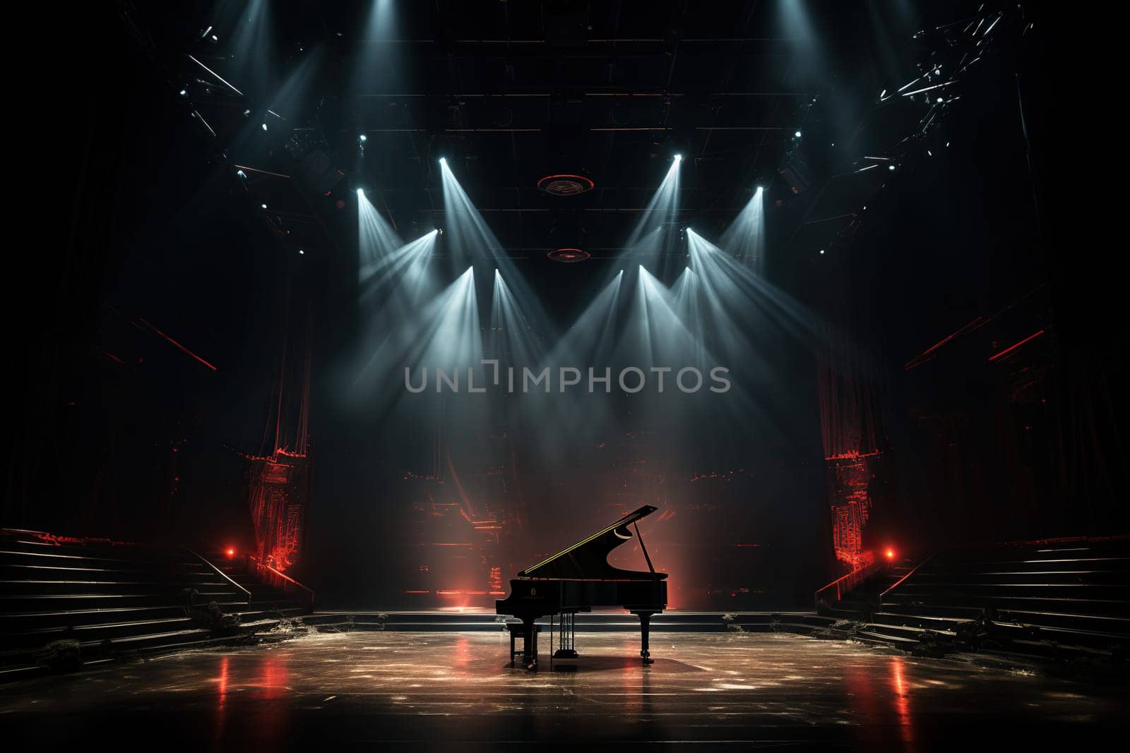 The piano is in the center of the stage in the light of the spotlights. Musical performance by Vovmar