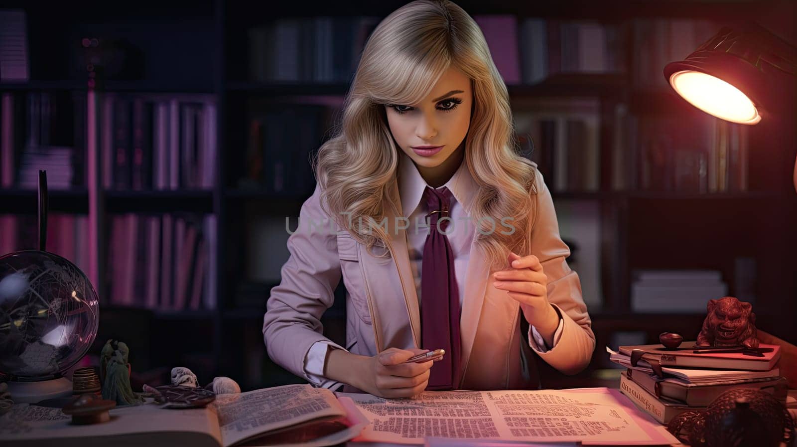 A barbie doll as a detective photo realistic illustration - Generative AI. Barbie, doll, detective, lamp, paper.