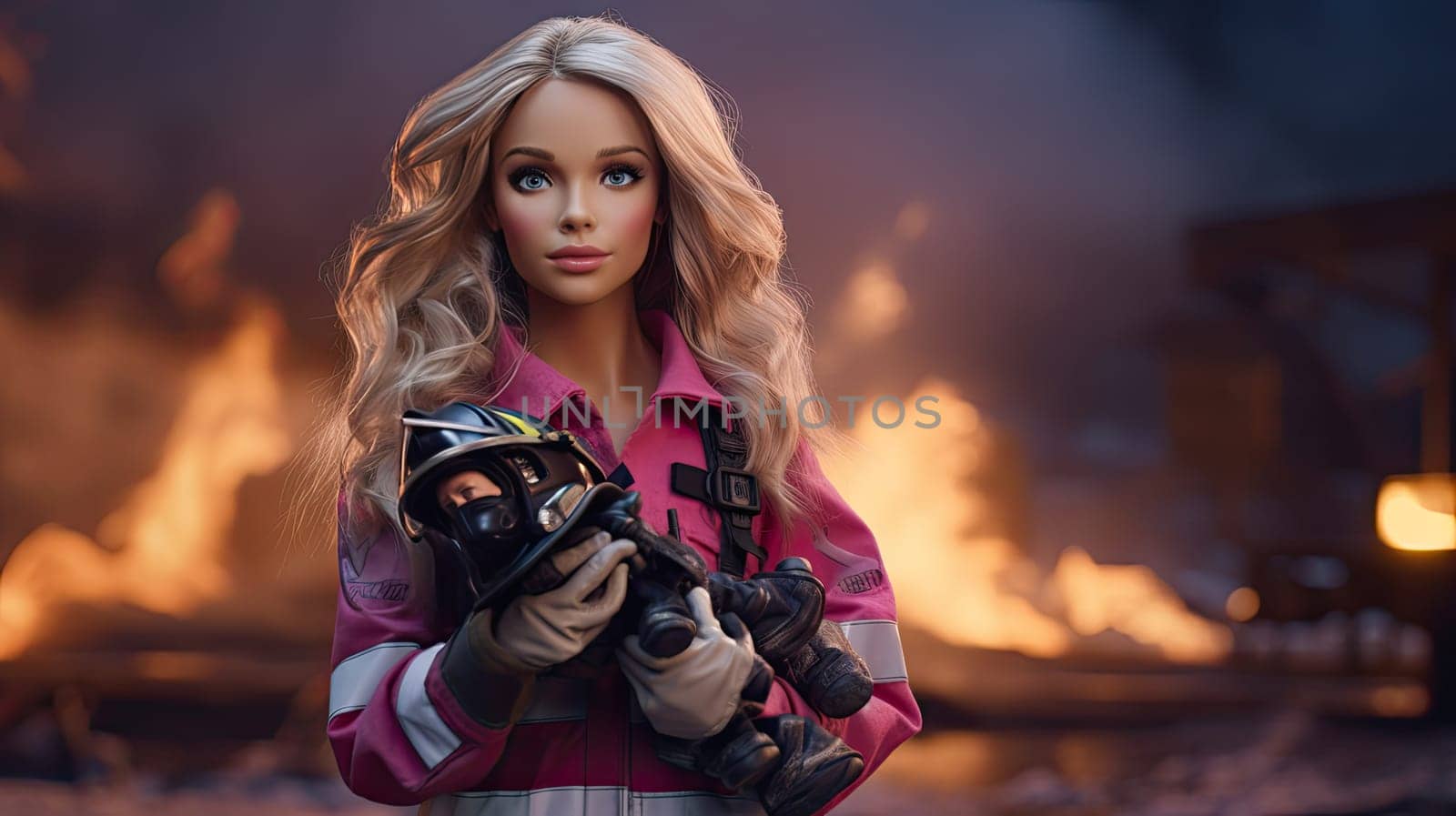 A barbie doll as a firefighter photo realistic illustration - Generative AI. Barbie, doll, firefighter, buildings, machine.