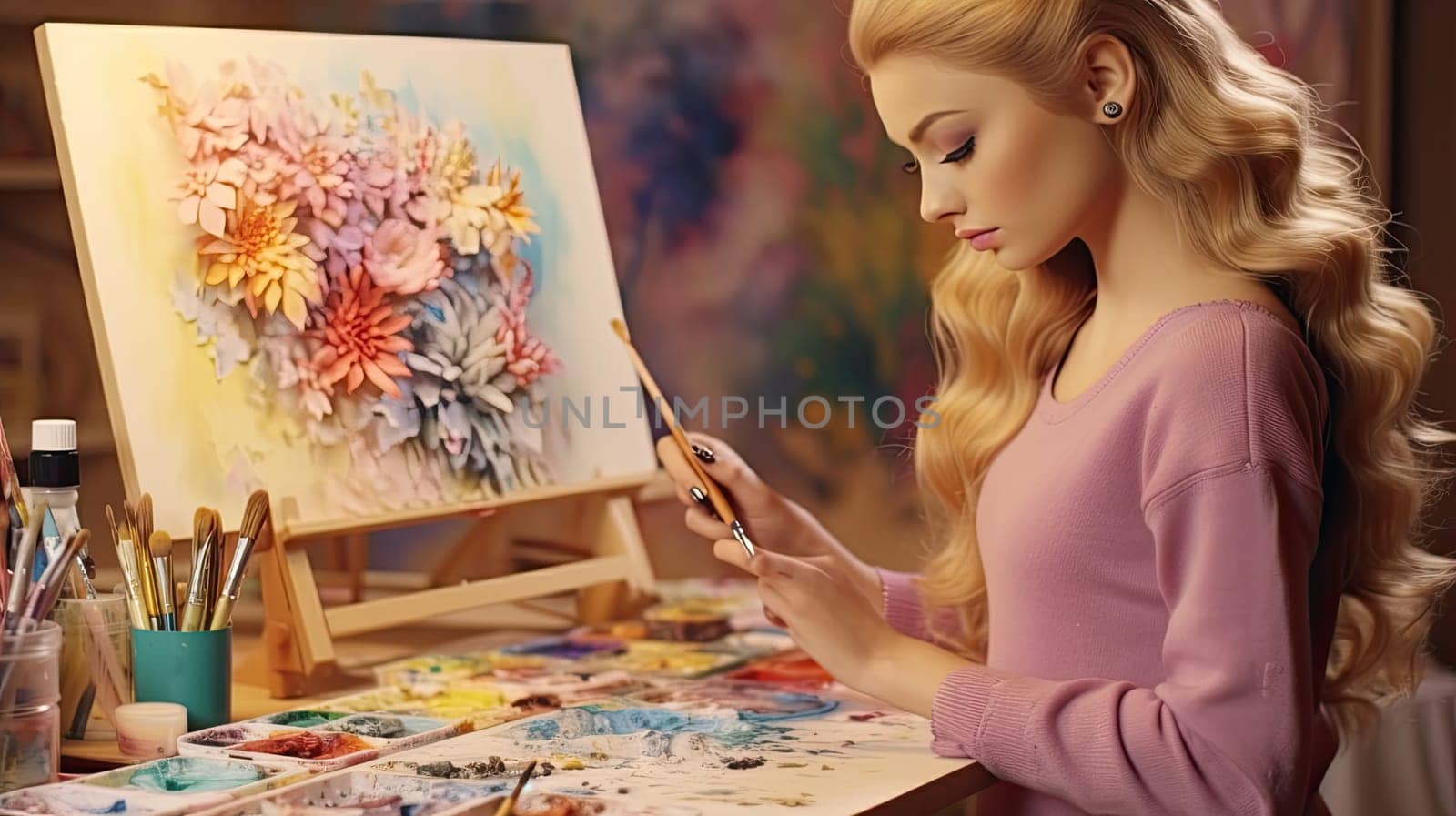 A barbie doll as a painter photo realistic illustration - Generative AI. Barbie, doll, painter, brush, picture.