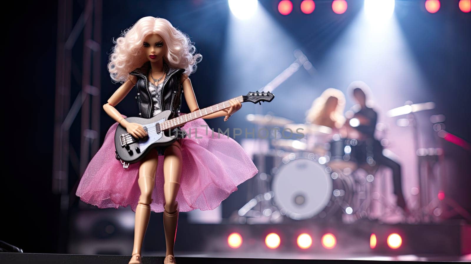 A barbie doll as a rockstar photo realistic illustration - Generative AI. Barbie, doll, rockstar, guitar, stage.