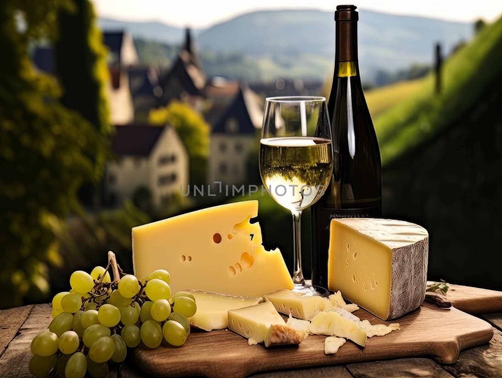 Board with cheeses, white wine in a glass and grapes. Still life of table for tasting cheese and wine, cozy romantic atmosphere, outdoor village panorama on a warm sunny day AI