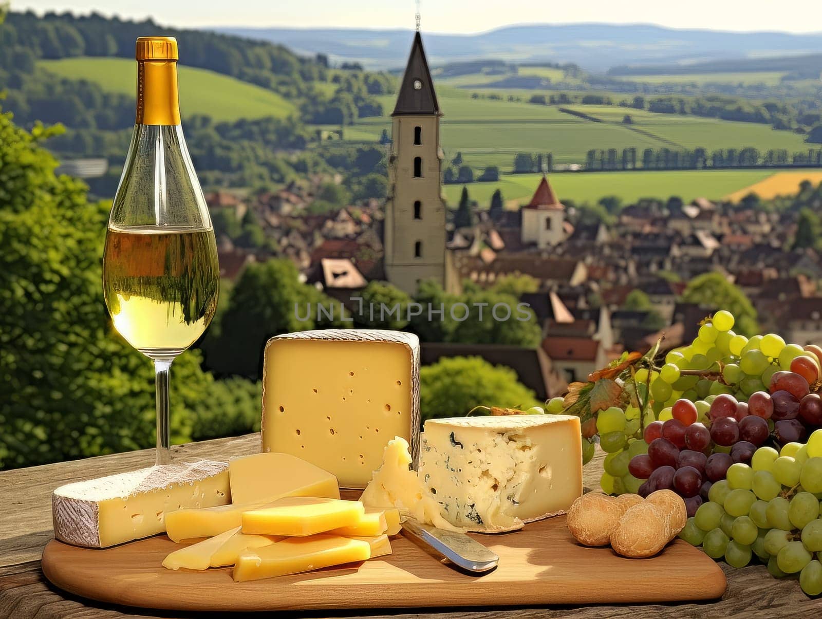 Cheese board with different varieties and white wine against the backdrop of village. AI by but_photo