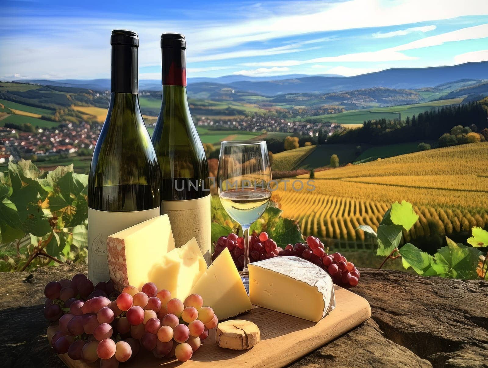 Board with cheeses, white wine in a glass and grapes. Still life of table for tasting cheese and wine, cozy romantic atmosphere, outdoor village panorama on a warm sunny day AI