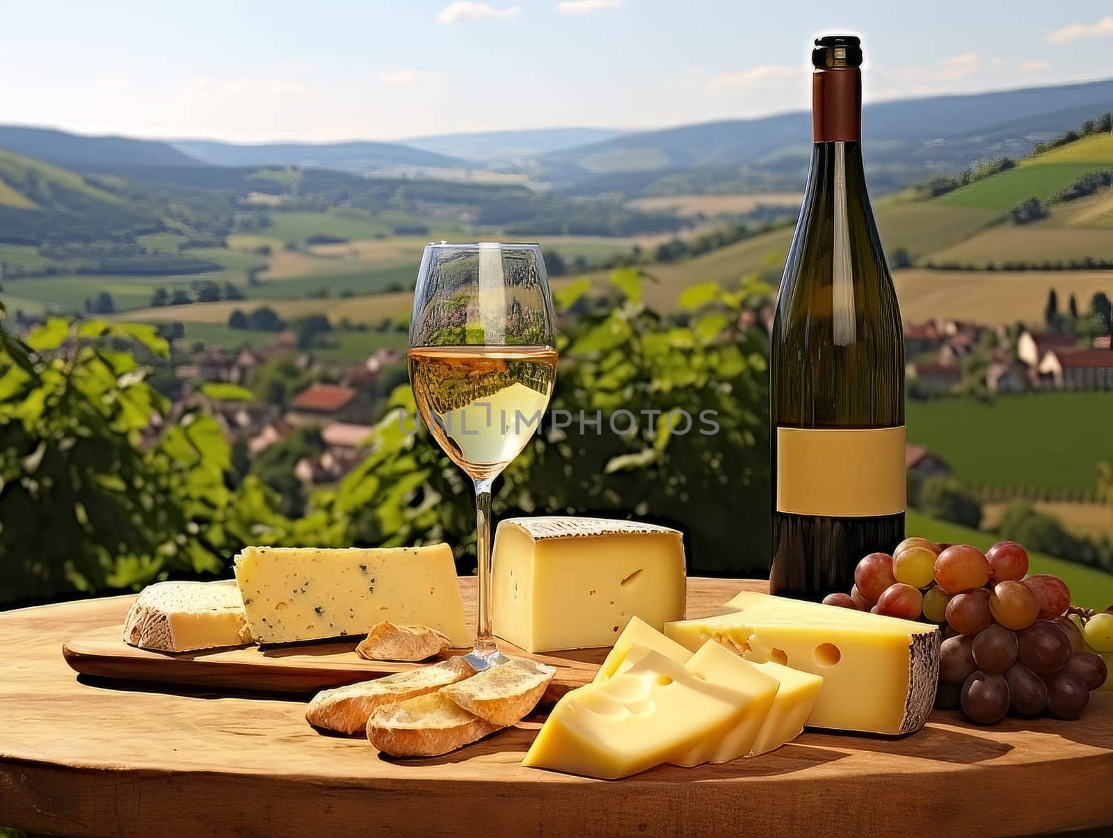 Board with cheeses, white wine in a glass and grapes. Still life of table for tasting cheese and wine, cozy romantic atmosphere, outdoor village panorama on a warm sunny day AI