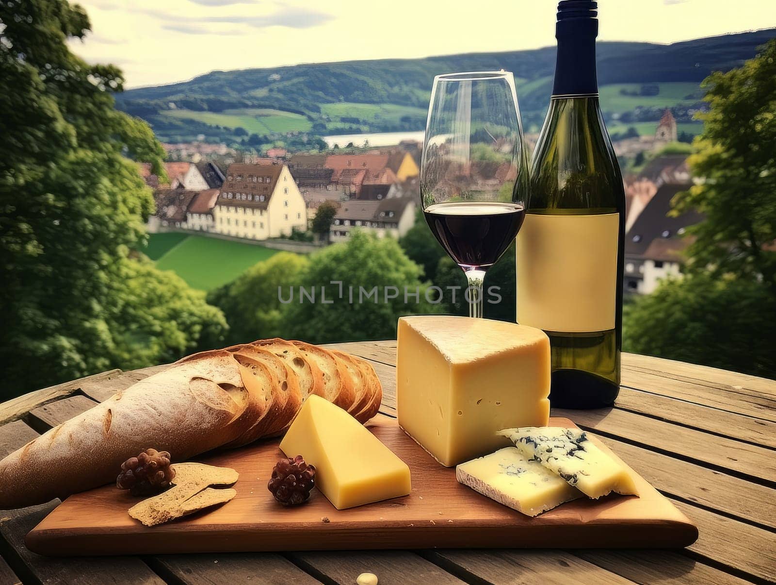 Cheese board with different varieties and white wine against the backdrop of village. AI by but_photo