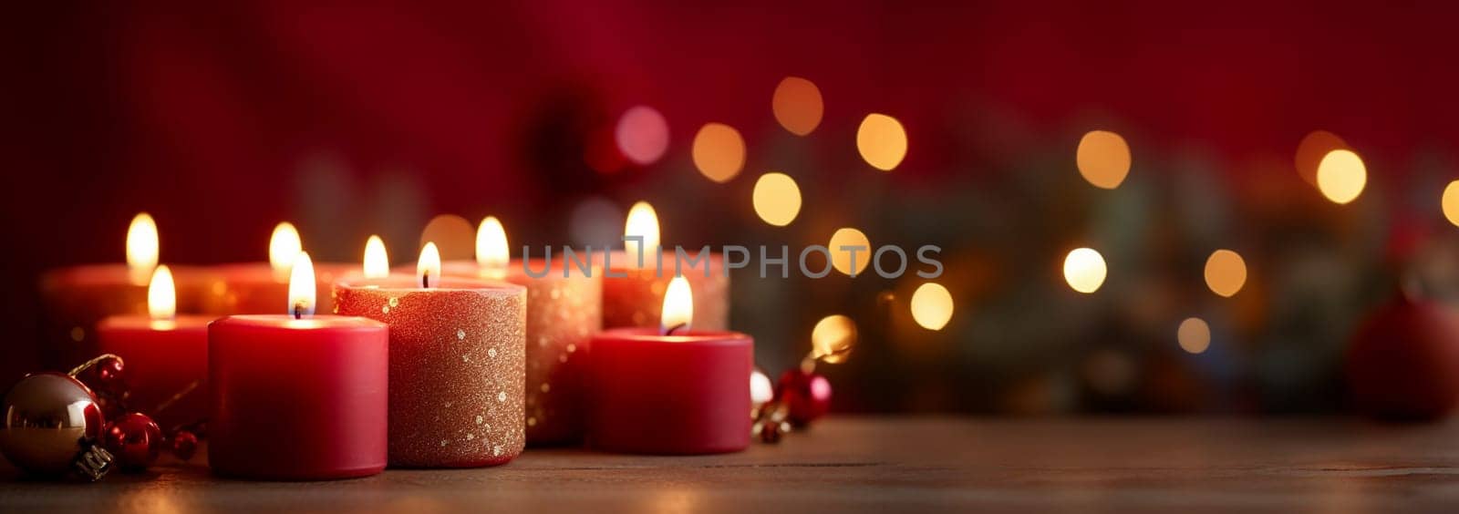 Christmas and New Year candles and ornaments with bokeh lights red background. Advent background and defocused lights copy space banner Merry Christmas and Happy New Year Space for text