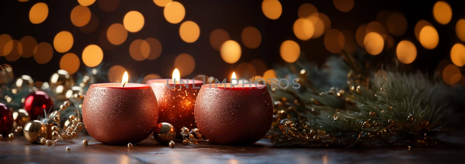 Christmas and New Year candles and ornaments with bokeh lights red background. Advent background and defocused lights copy space banner Merry Christmas and Happy New Year Space for text