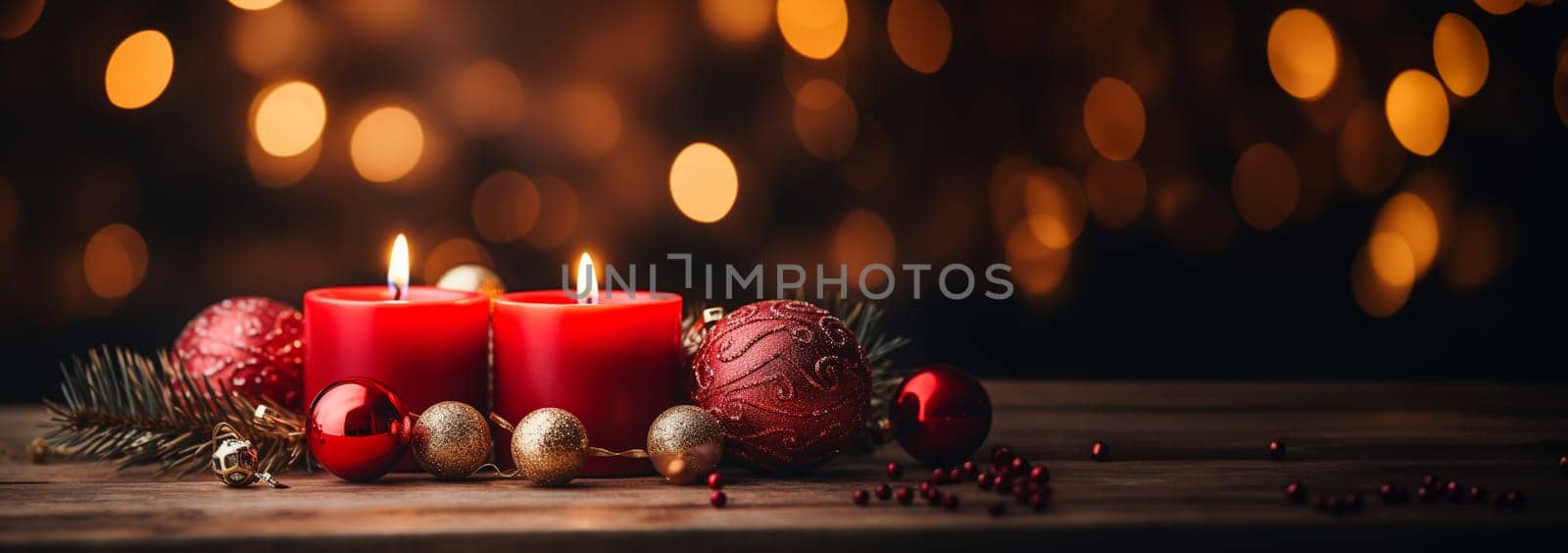 Christmas and New Year candles and ornaments with bokeh lights red background. Advent background and defocused lights copy space banner Merry Christmas and Happy New Year Space for text