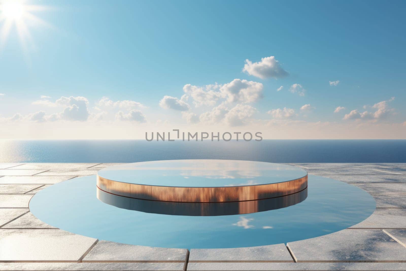 Glass podium against the backdrop of a sea landscape. Podium, stage for product presentation. Reflection of the sky in the glass