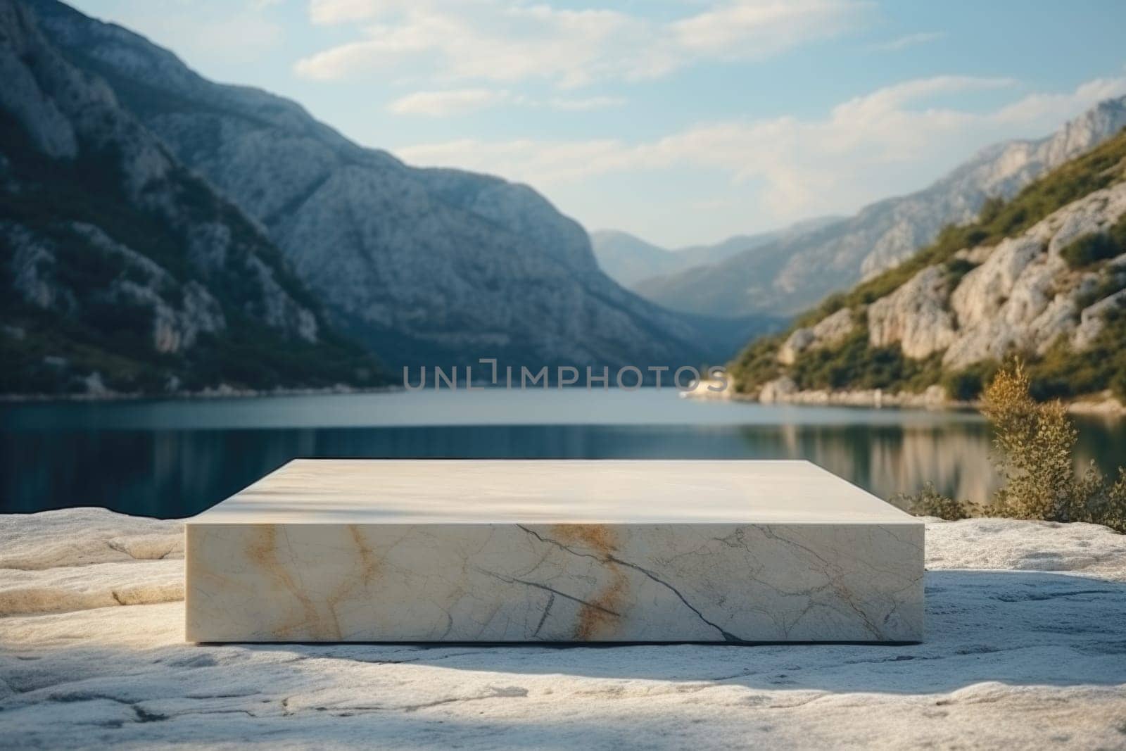 Marble rectangular podium against a backdrop of beautiful nature. White podium, stage for product presentation. Blur background