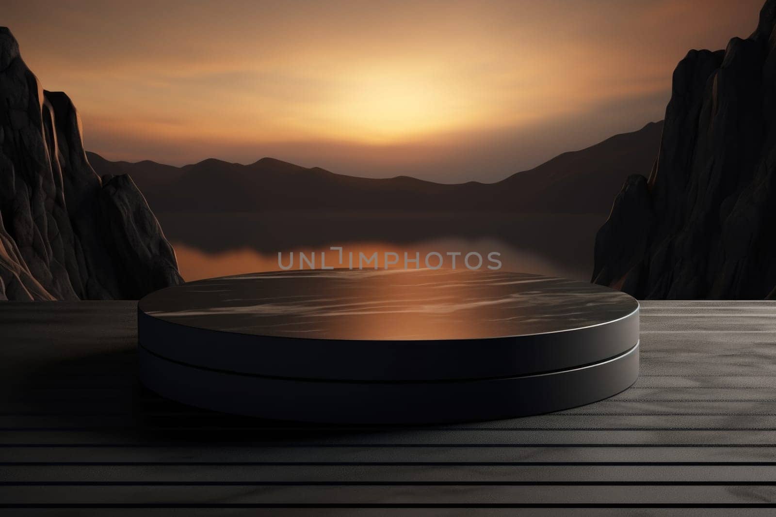 Black podium made of stone on a rock. Round podium, stage against the backdrop of a sunset. Podium, stage for product presentation. by Vovmar