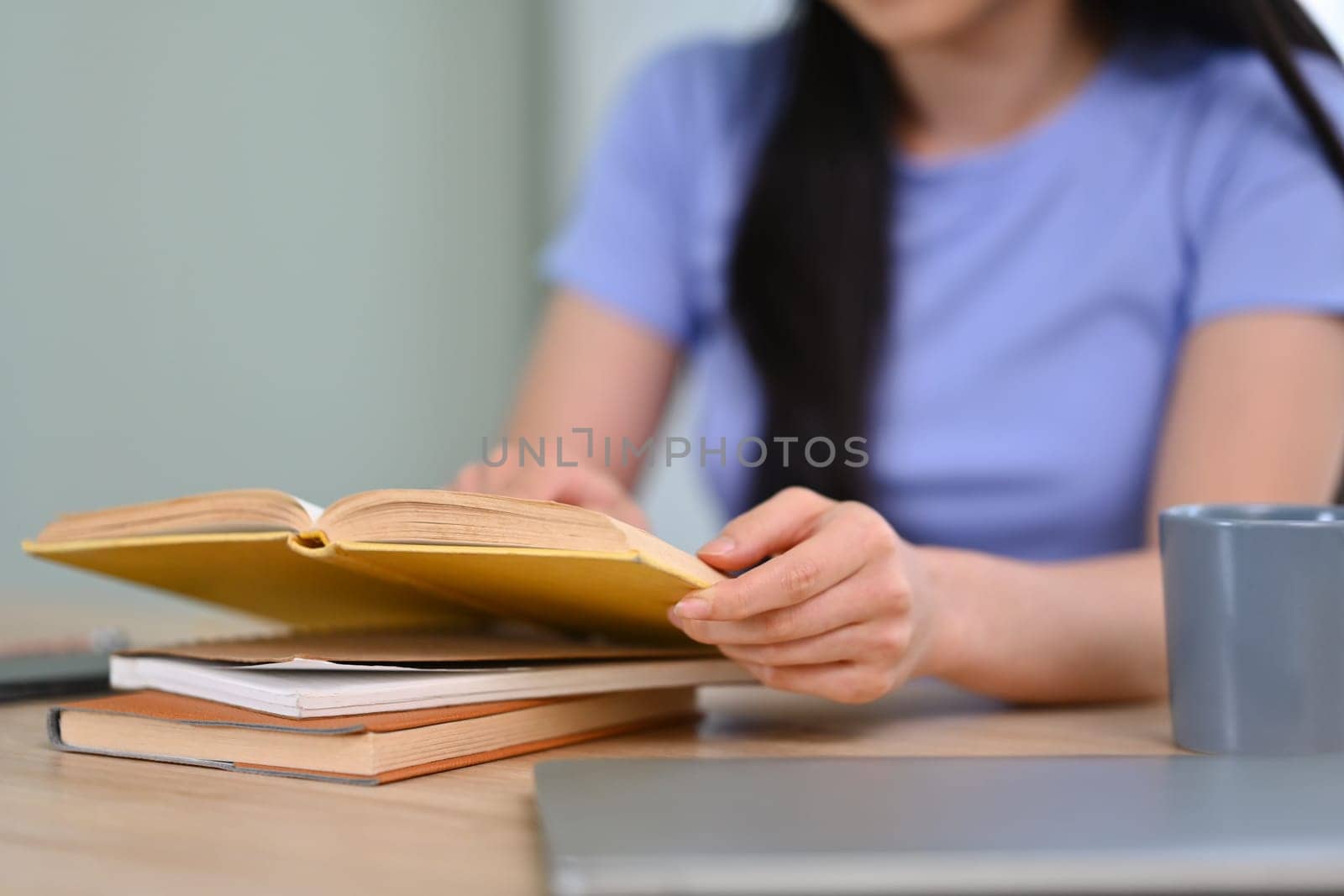 Relaxed young woman wearing casual clothes reading a book at home. Education, leisure and lifestyle concept.