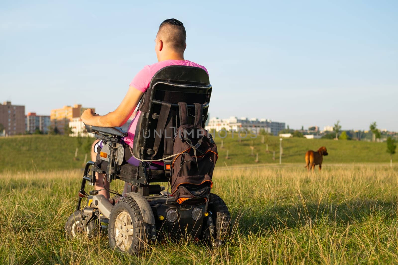 A young man in a wheelchair enjoying a sunset in the park, captured from behind