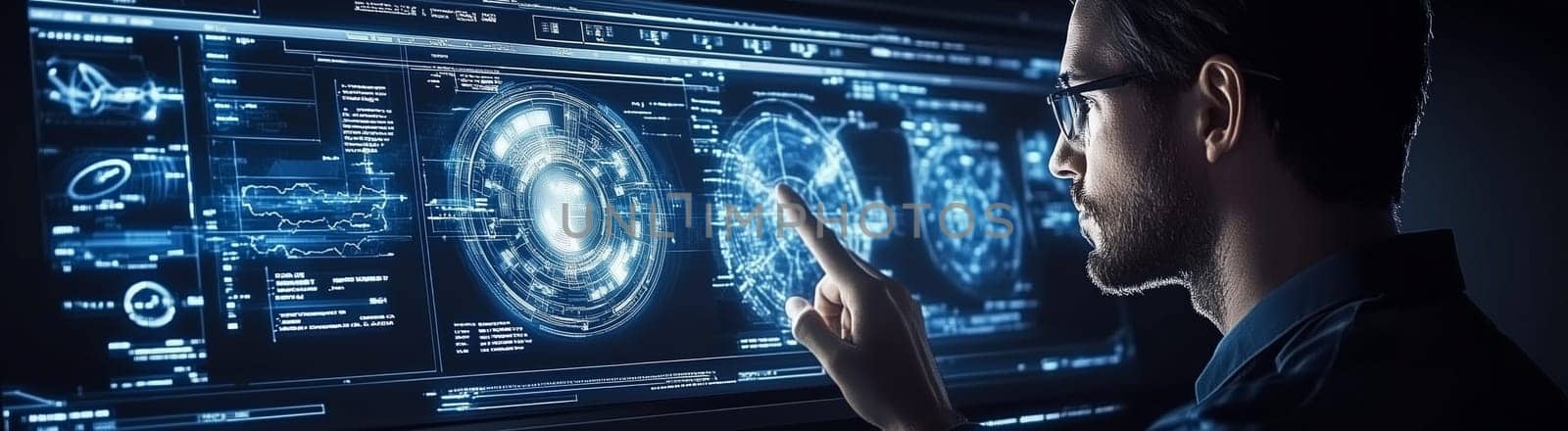 Software engineer interacting with a futuristic touchscreen interface, working on innovative technology