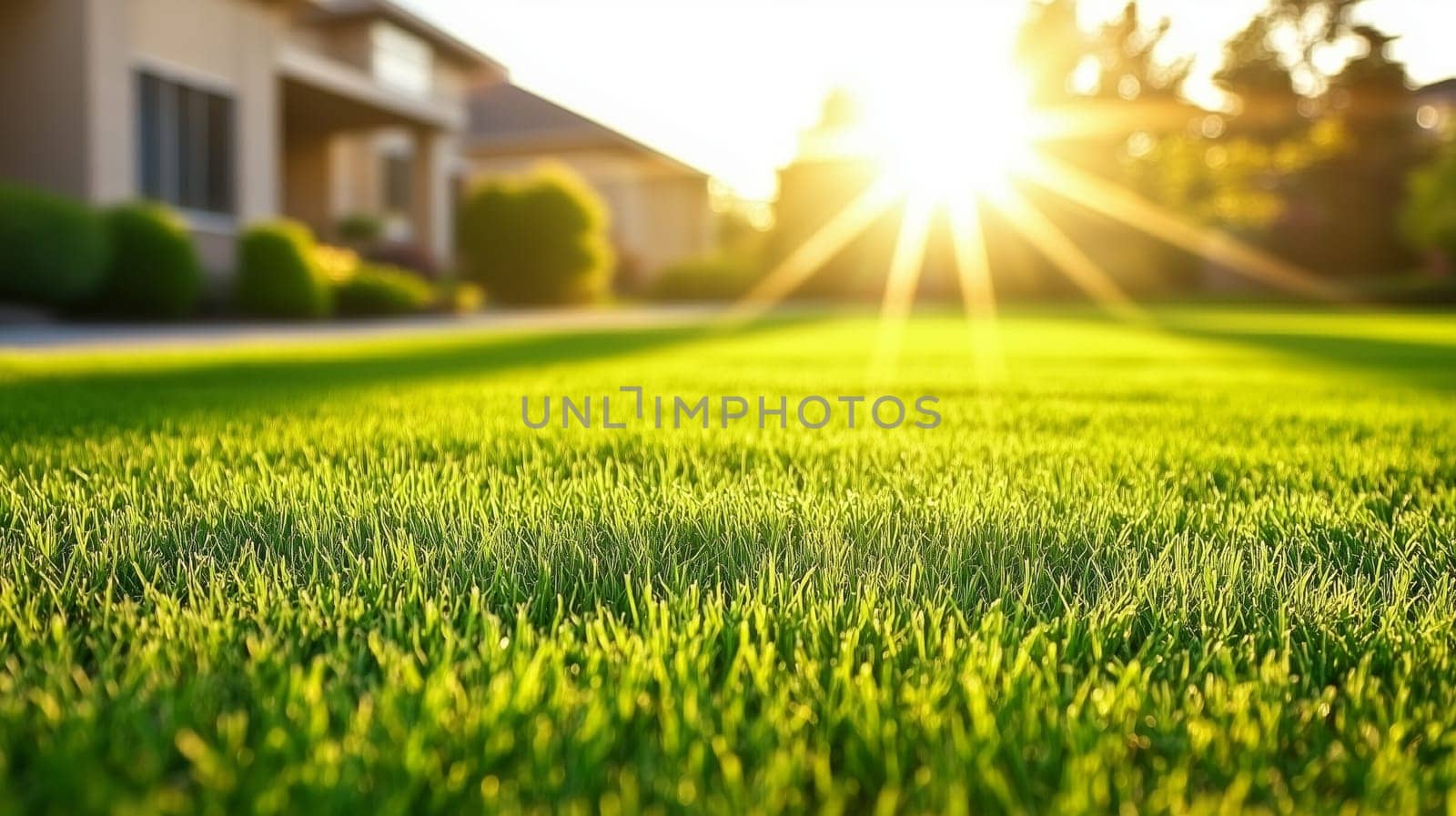Vibrant green grass thrives in the warm glow of the setting sun, creating a peaceful backyard scene