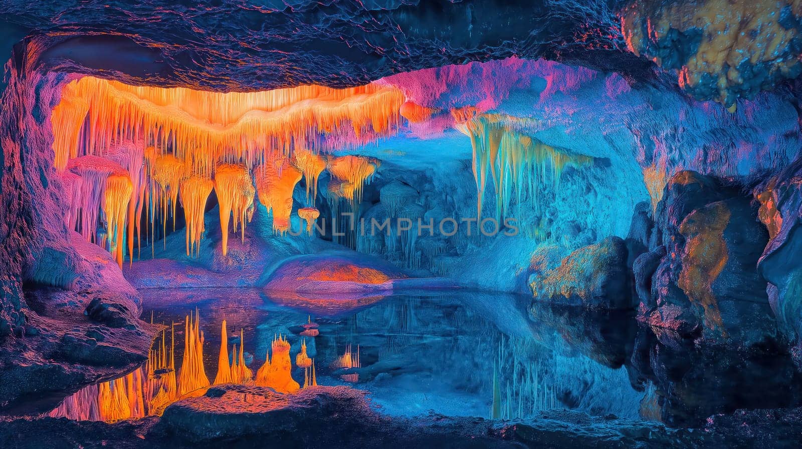 A colorful neon cave with a lake