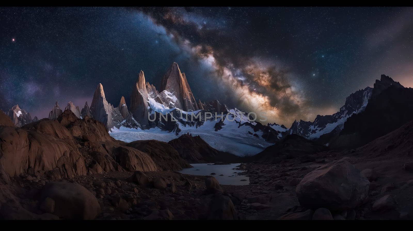 Mountain night winter landscape and starry sky with milky way