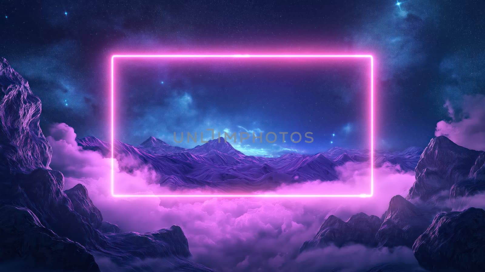 Laser neon frame on the night mountains landscape