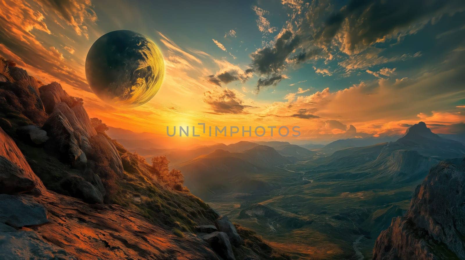 Fantasy landscape with a planet in the sunset sky