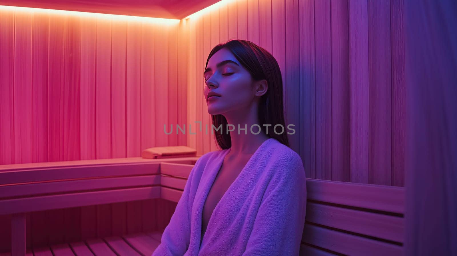 Beautiful young girl in wooden sauna
