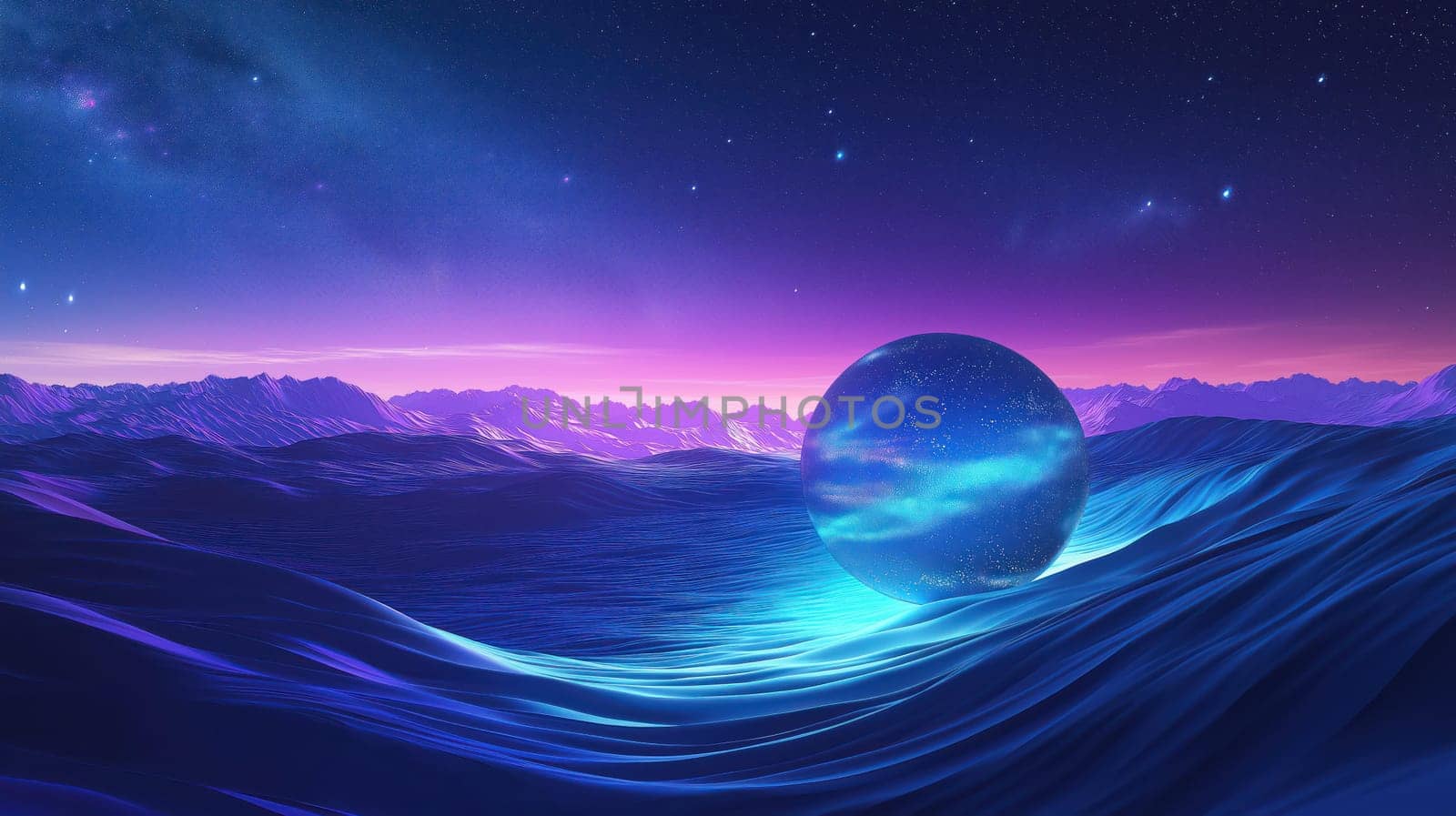 A futuristic scene of a glowing blue orb resting on smooth, wave-like dunes under a cosmic sky filled with stars.