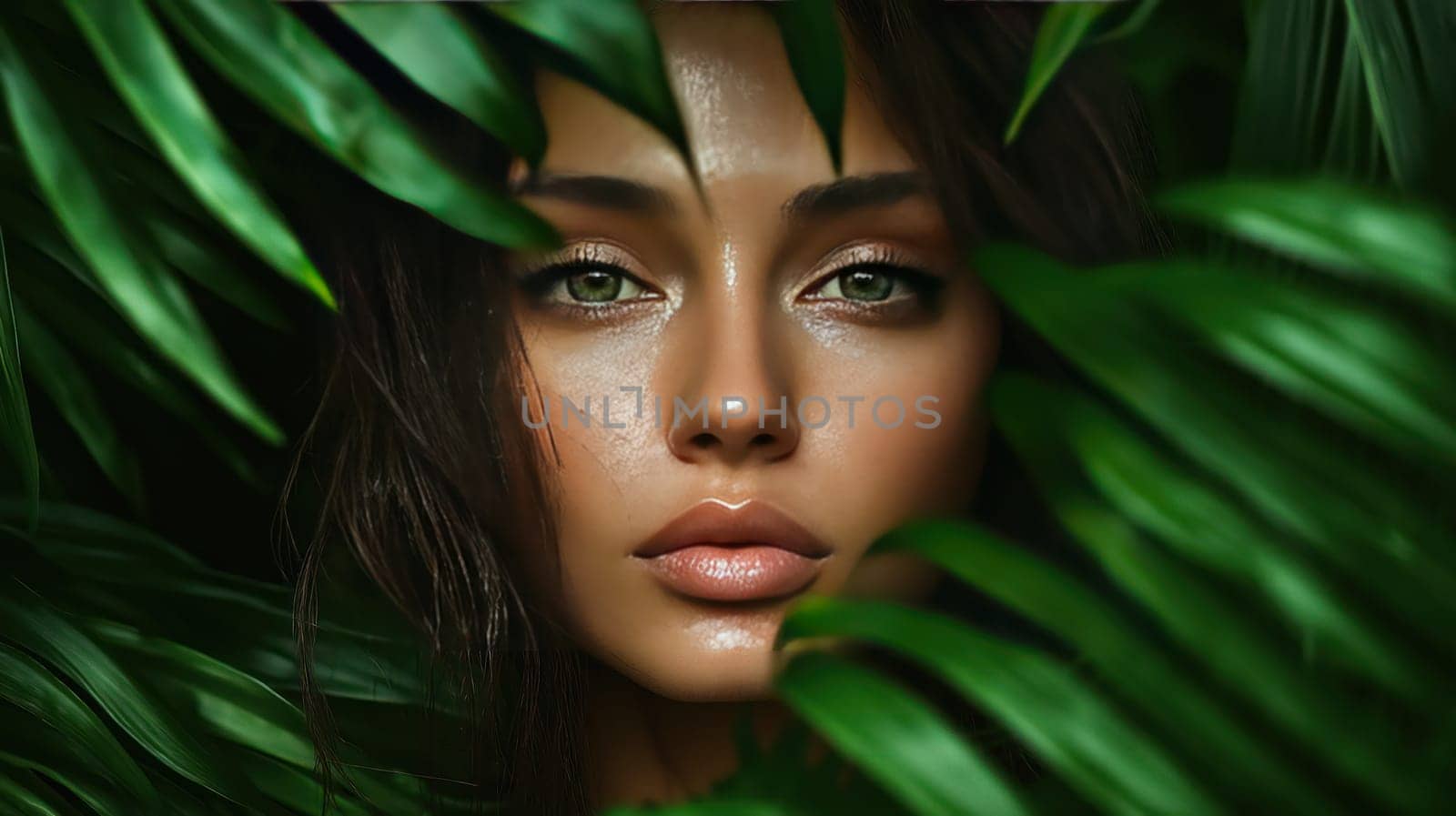 Closeup portrait of a beautiful woman with green eyes framed by lush tropical leaves