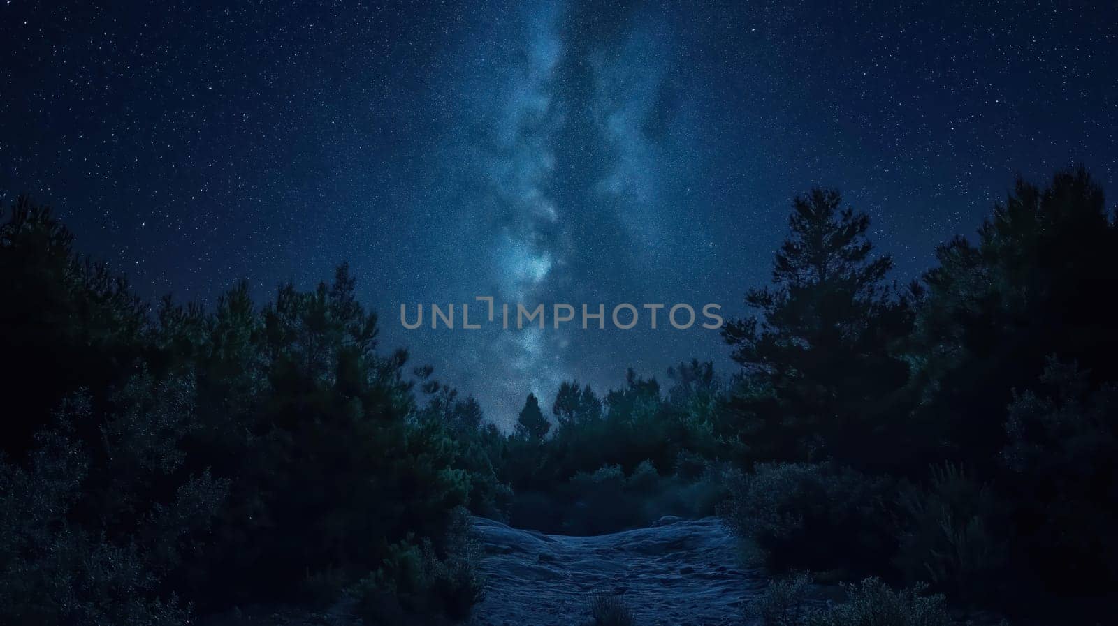 A mysterious forest path under a clear night sky with the Milky Way stretching across the horizon, creating a celestial scene.