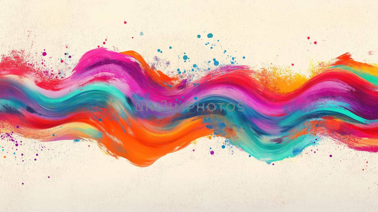 Abstract colorful paint wave with splashes on a light textured background, featuring vibrant dynamic flow