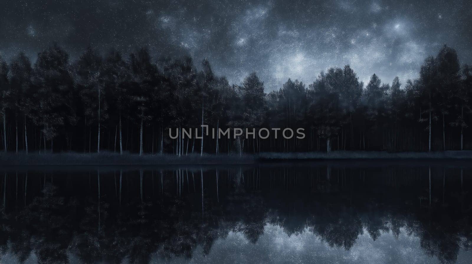 A serene dark forest reflected in a calm lake, with a vibrant starry night sky creating a mysterious and tranquil atmosphere.