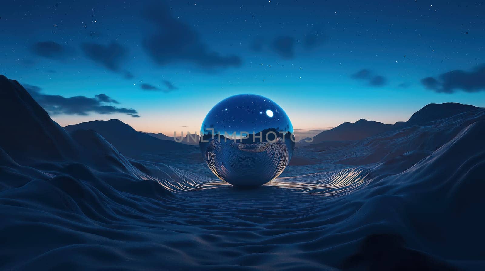 Reflective sphere on a surreal night landscape with mountains, stars, and twilight sky, futuristic cosmic art