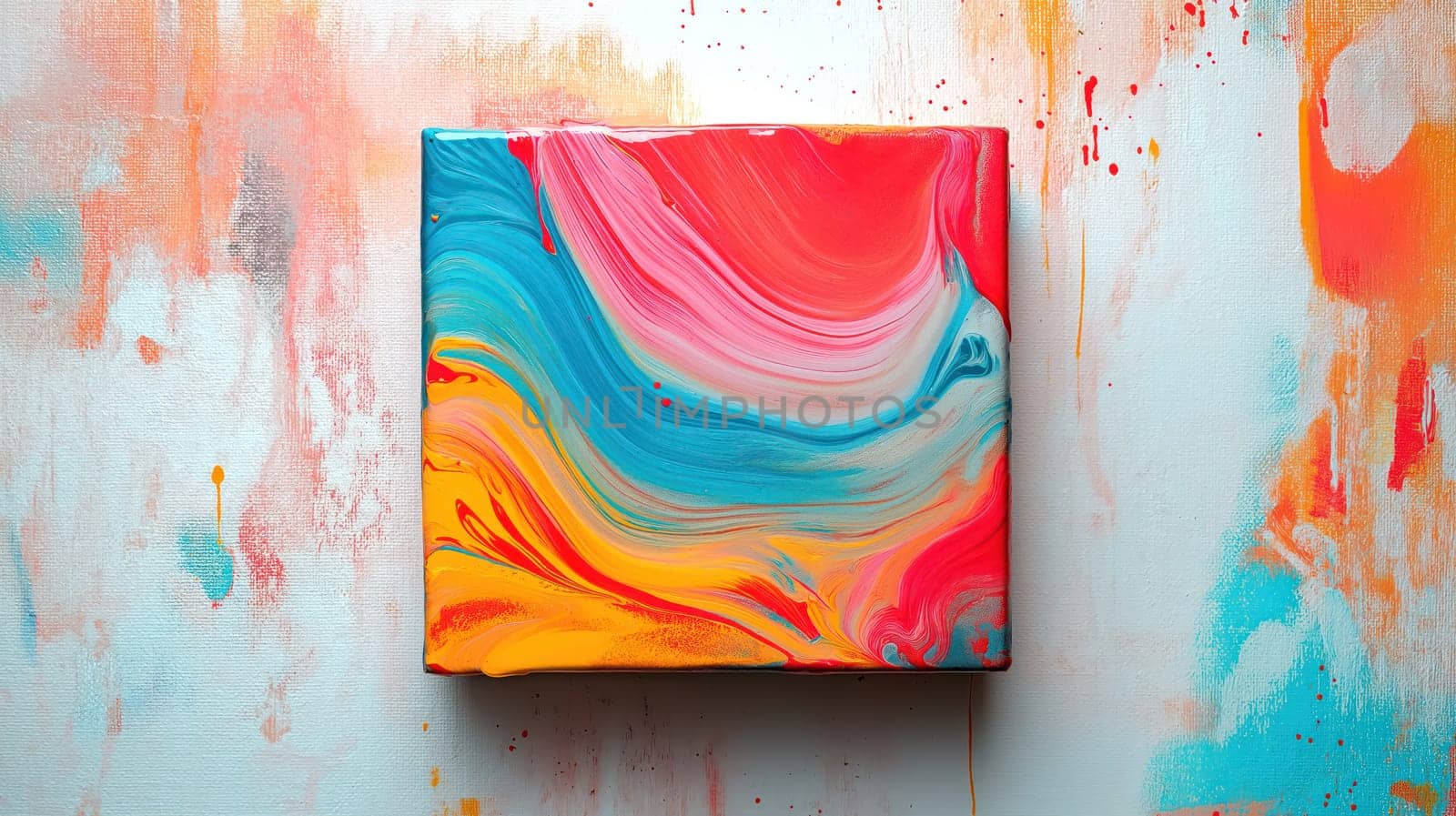 Abstract colorful painting with swirling brushstrokes on a textured canvas, featuring vibrant red, blue, and yellow hues