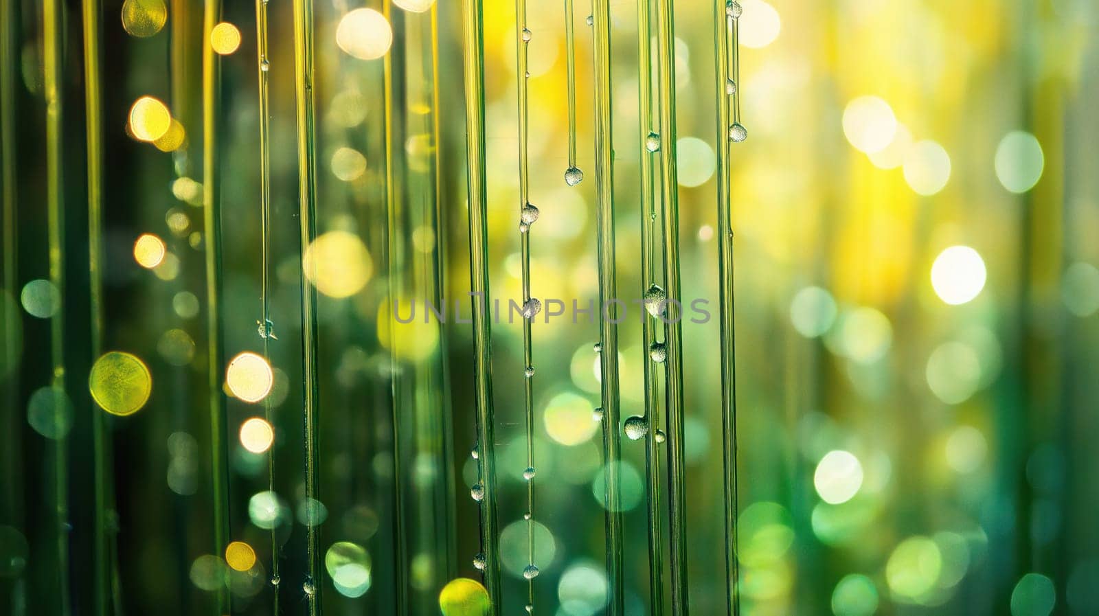Abstract nature background with water droplets on vertical lines and glowing bokeh lights in green and yellow tones