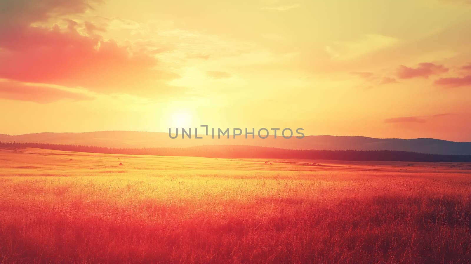 Beautiful sunset over a peaceful field with golden grass and warm light tones, creating a serene and scenic atmosphere
