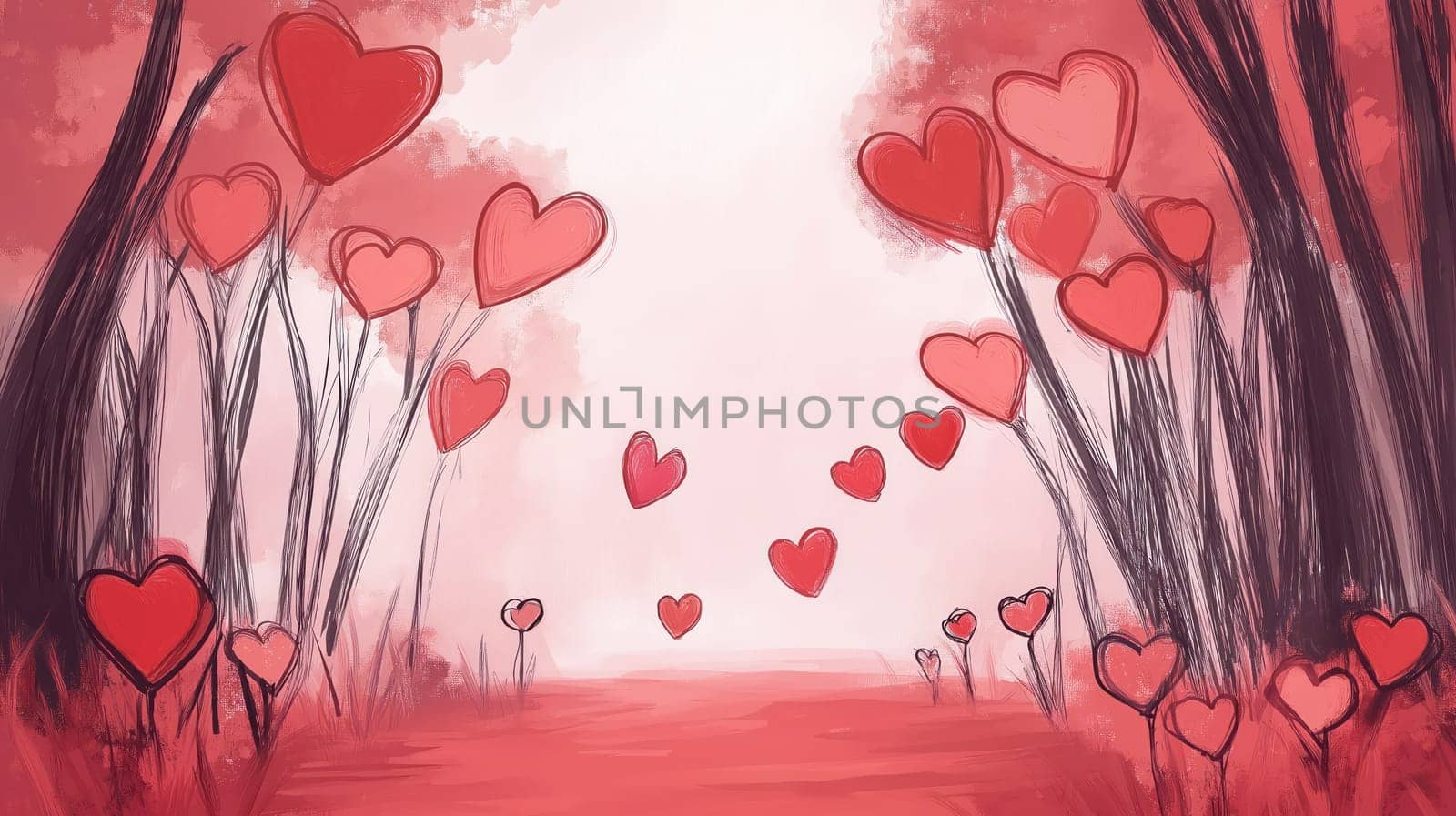 Romantic hand-drawn sketch of heart-shaped flowers in a dreamy landscape, perfect for Valentine's Day themes