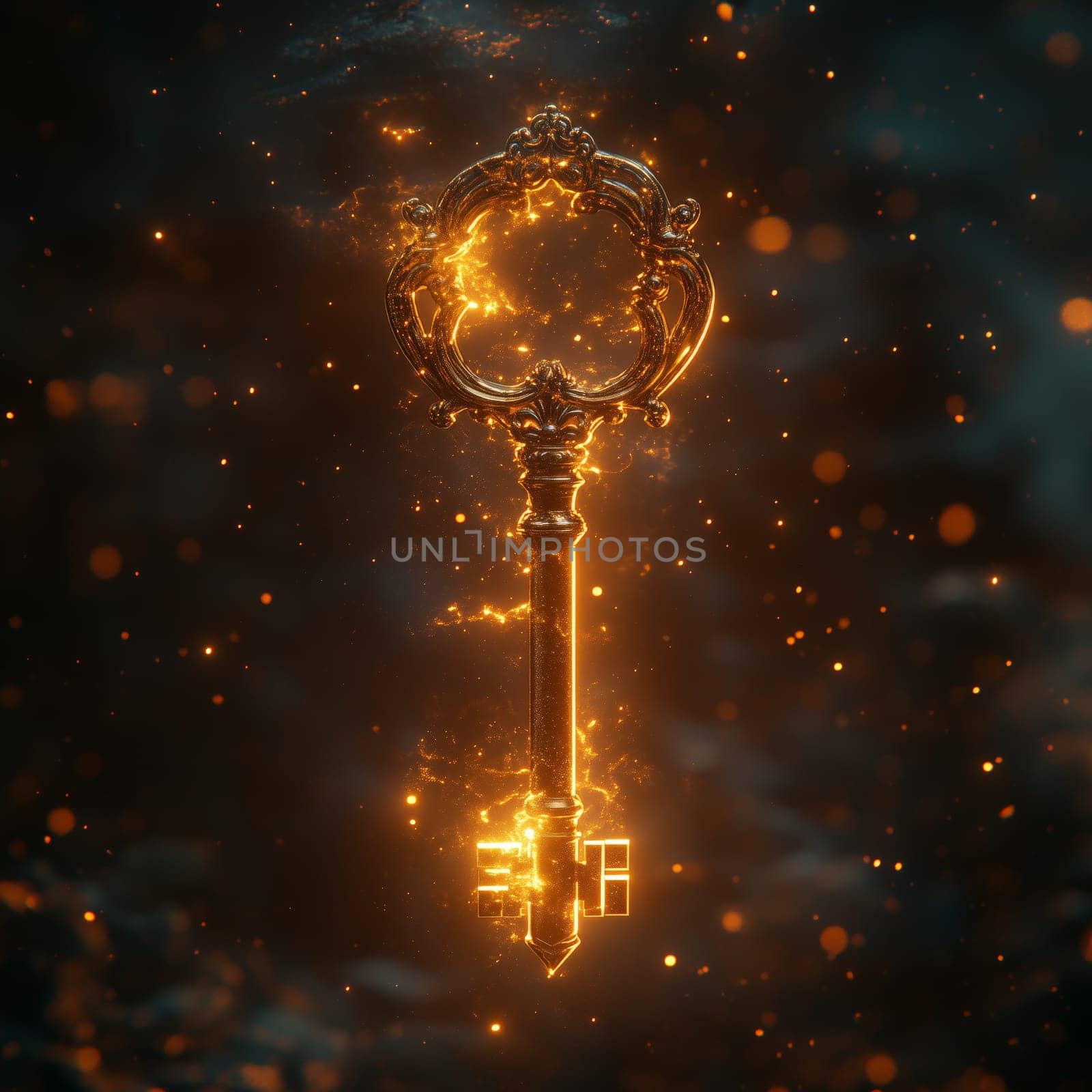 A detailed golden key with intricate designs radiates light, suspended against a dark, starry cosmic background, symbolizing mystery and possibilities.
